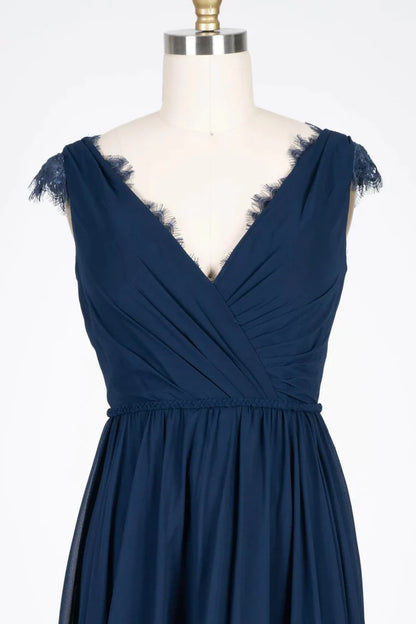 Lace Scalloped V-Neck Navy Chiffon Bridesmaid Dress, Braided Belt