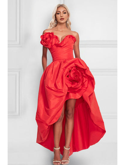 A-Line Cocktail Dresses Celebrity Style Dress Party Wear Wedding Party Asymmetrical Sleeveless Strapless Satin with Shouder Flower