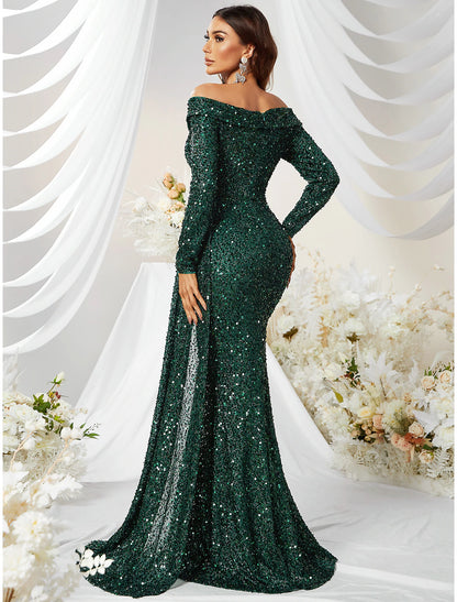 Mermaid / Trumpet Evening Gown Sparkle & Shine Dress Formal Wedding Guest Sweep / Brush Train Long Sleeve Off Shoulder Polyester with Sequin