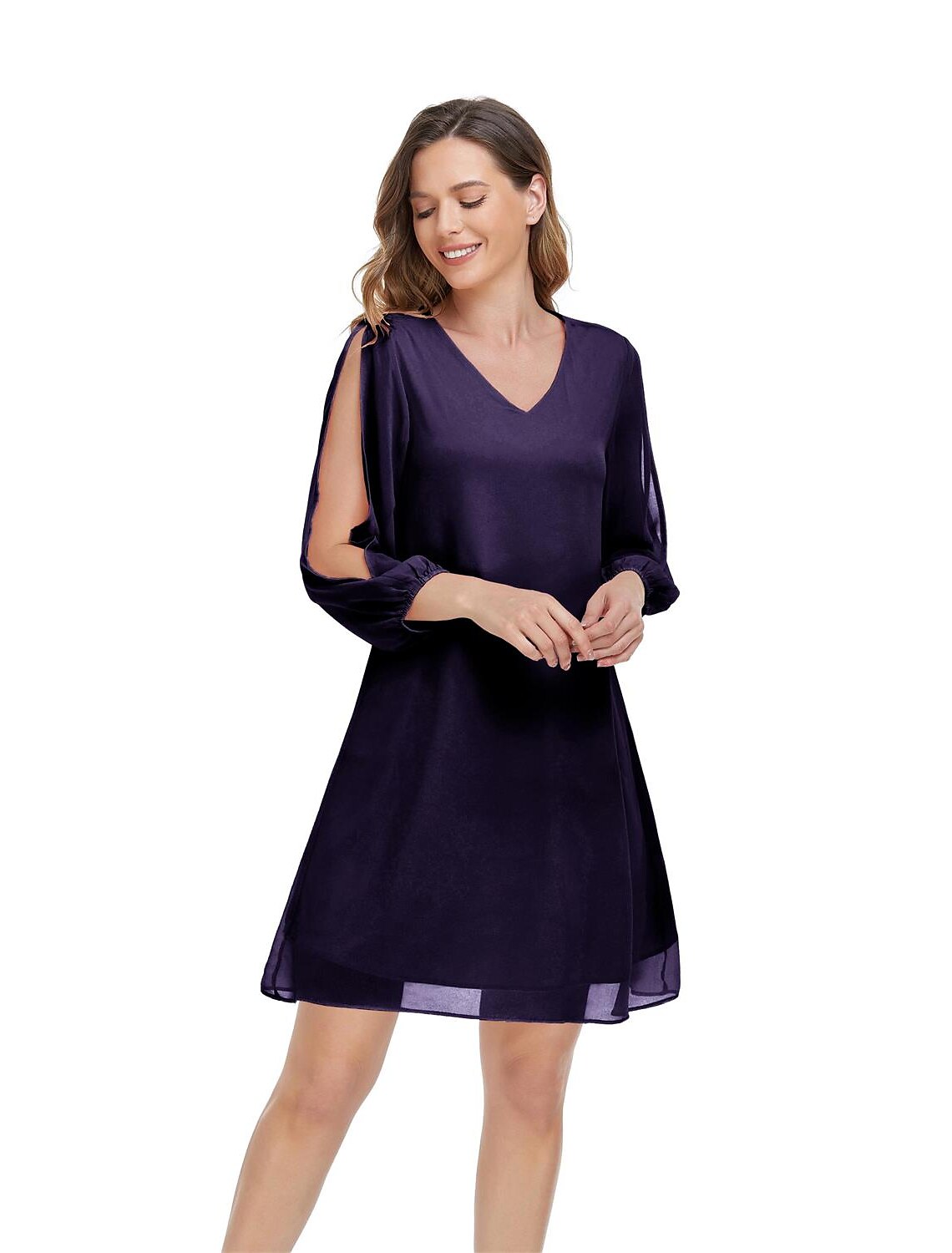 A-Line Empire Homecoming Cocktail Party Dress V Neck 3/4 Length Sleeve Short / Mini Chiffon with Slit Pure Color