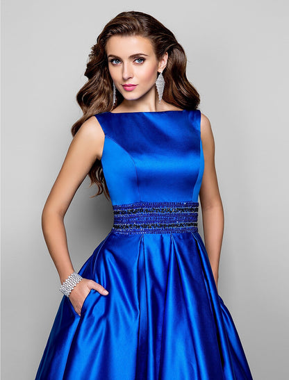 A-Line Elegant Dress Wedding Guest Prom Floor Length Sleeveless Boat Neck Pocket Satin with Pleats Beading