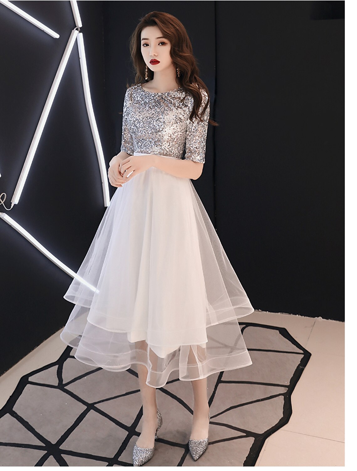 A-Line Sparkle White Cocktail Party Prom Dress Jewel Neck Half Sleeve Tea Length Satin with Sequin Tier