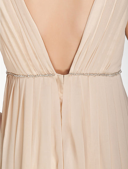 A-Line Bridesmaid Dress V Neck Sleeveless Beautiful Back Floor Length Chiffon with Pleats / Beading / Draping