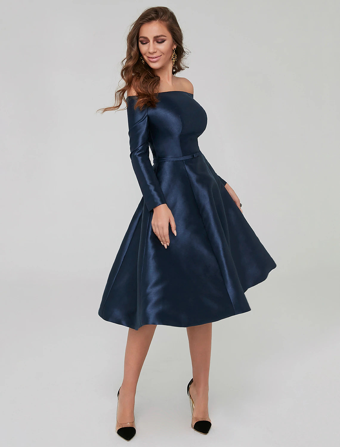 A-Line Special Occasion Dresses Party Dress Wedding Guest Cocktail Party Knee Length Long Sleeve Off Shoulder Satin with Pleats