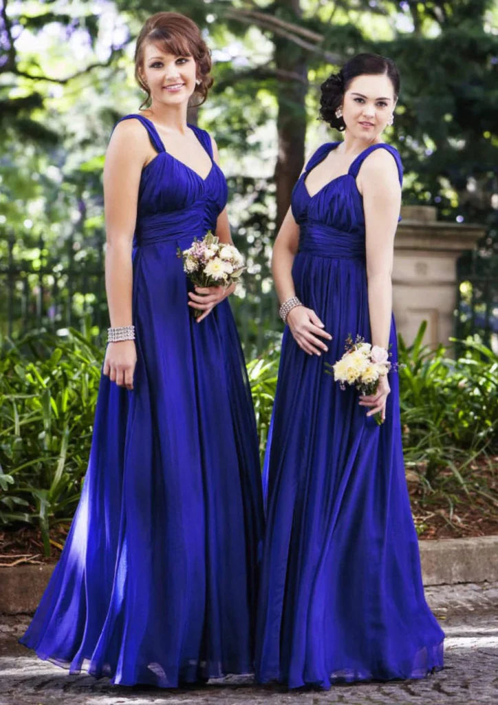 A-line V Neck Straps Floor-Length Chiffon Wedding Party Bridesmaid Dress