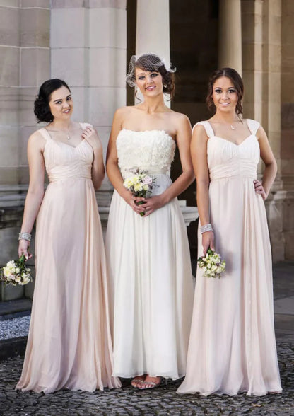 A-line V Neck Straps Floor-Length Chiffon Wedding Party Bridesmaid Dress