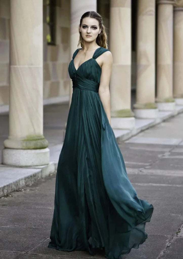 A-line V Neck Straps Floor-Length Chiffon Wedding Party Bridesmaid Dress