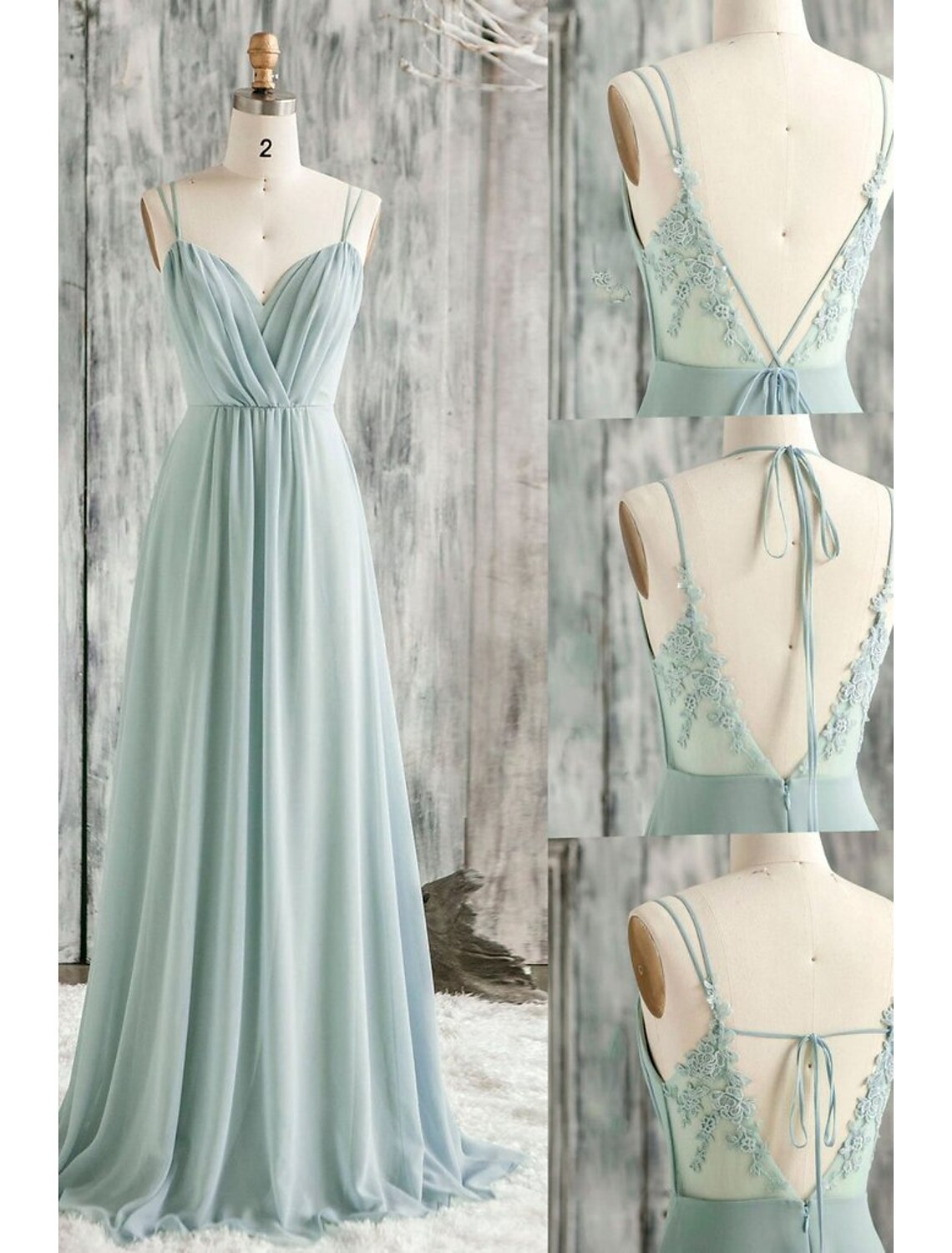 A-Line Bridesmaid Dress V Neck / Spaghetti Strap Sleeveless Sexy Floor Length Chiffon / Lace with Appliques