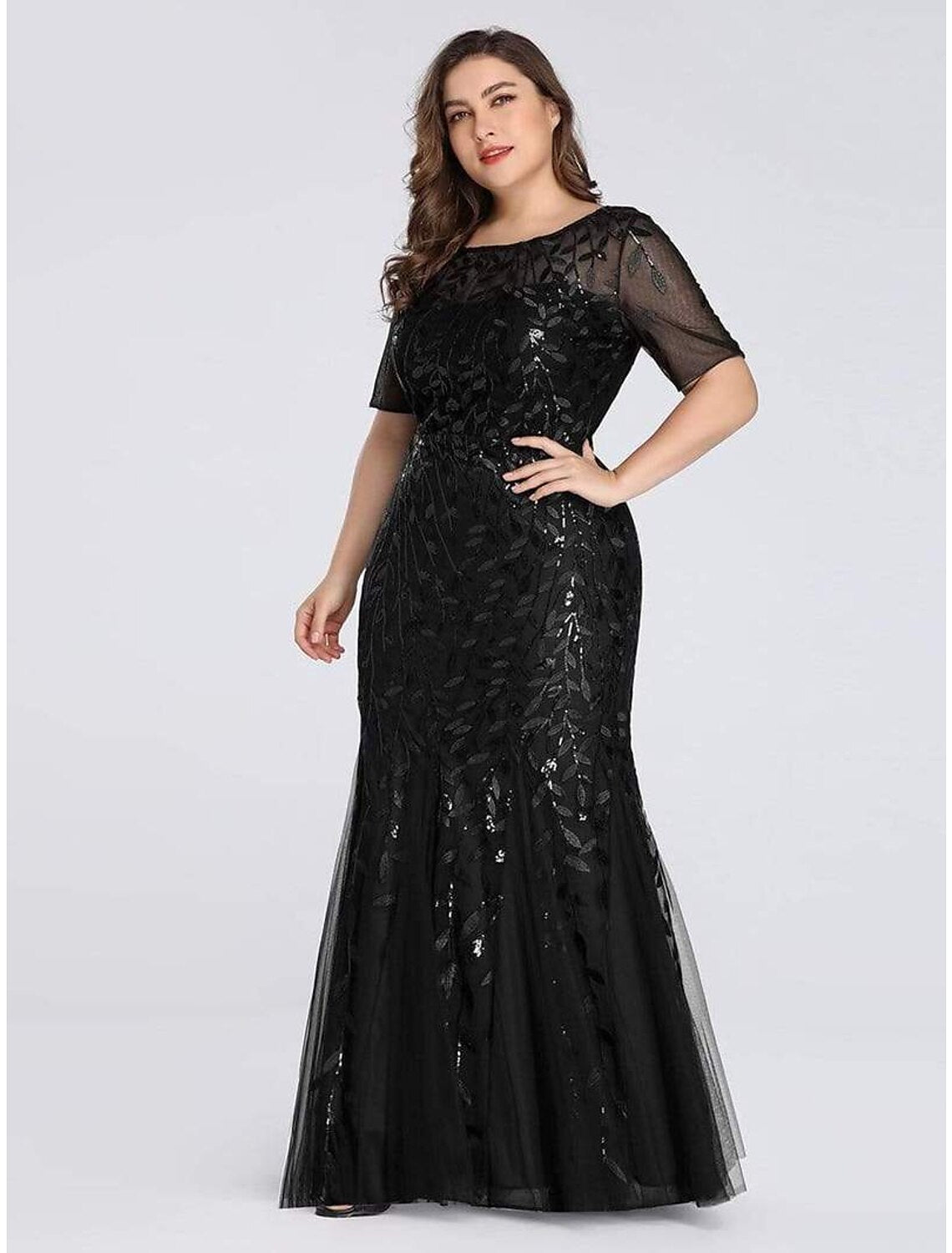 Mermaid / Trumpet Empire Elegant Party Wear Formal Evening Dress Jewel Neck Short Sleeve Floor Length Tulle with Embroidery / Illusion Sleeve