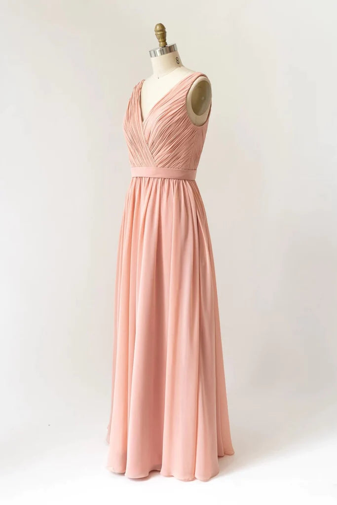 Long Crinkle V Neck Peach Chiffon Pleated Sleeveless Bridesmaid Dress