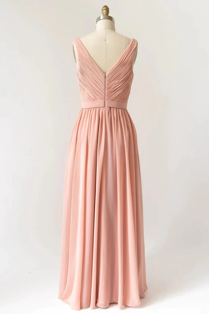 Long Crinkle V Neck Peach Chiffon Pleated Sleeveless Bridesmaid Dress