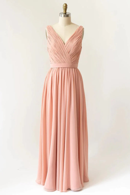 Long Crinkle V Neck Peach Chiffon Pleated Sleeveless Bridesmaid Dress