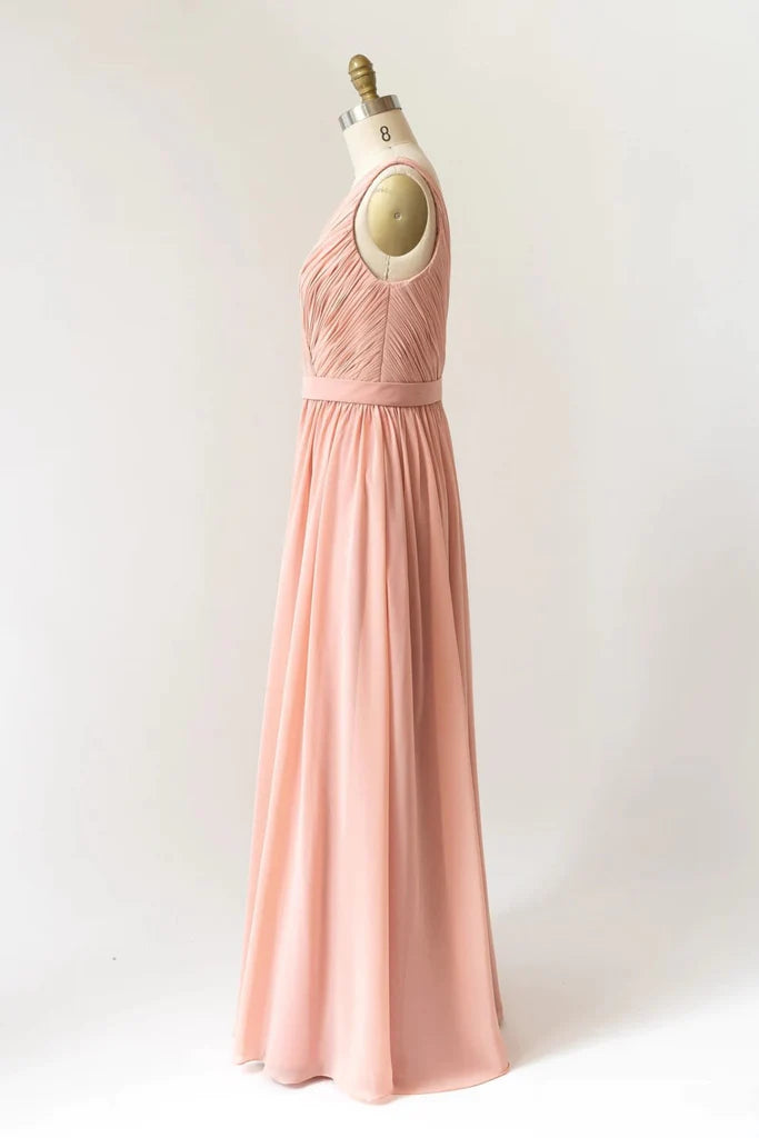 Long Crinkle V Neck Peach Chiffon Pleated Sleeveless Bridesmaid Dress