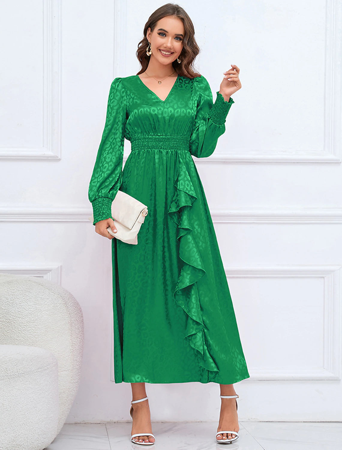 A-Line Party Dresses Elegant Dress Formal Fall Ankle Length Long Sleeve V Neck Satin with Ruffles Print