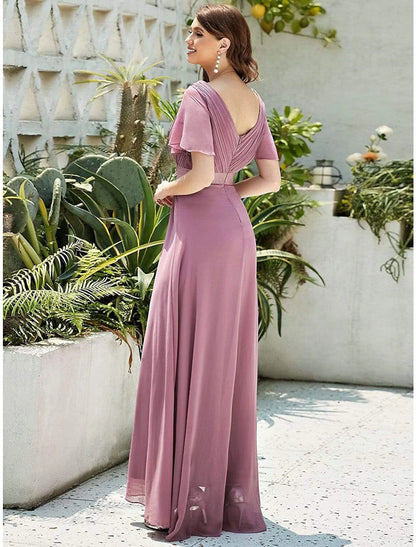 A-Line Evening Gown Party Dress Empire Dress Wedding Guest Formal Evening Floor Length Short Sleeve V Neck Bridesmaid Dress Chiffon V Back with Ruffles Pure Color