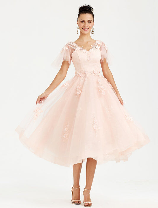 A-Line Prom Dresses Elegant Dress Wedding Guest Cocktail Party Tea Length Short Sleeve V Neck Tulle with Appliques