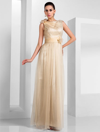 Sheath / Column Bate Neck Floor Length Tulle Formal Evening Dress with Draping