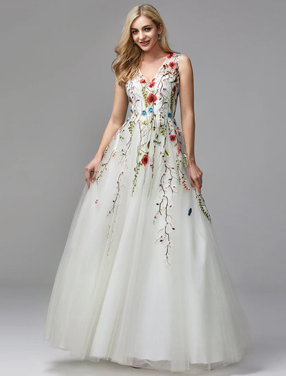 A-Line Special Occasion Dresses Floral Dress Wedding Guest Homecoming Floor Length Sleeveless V Neck Lace with Embroidery Appliques