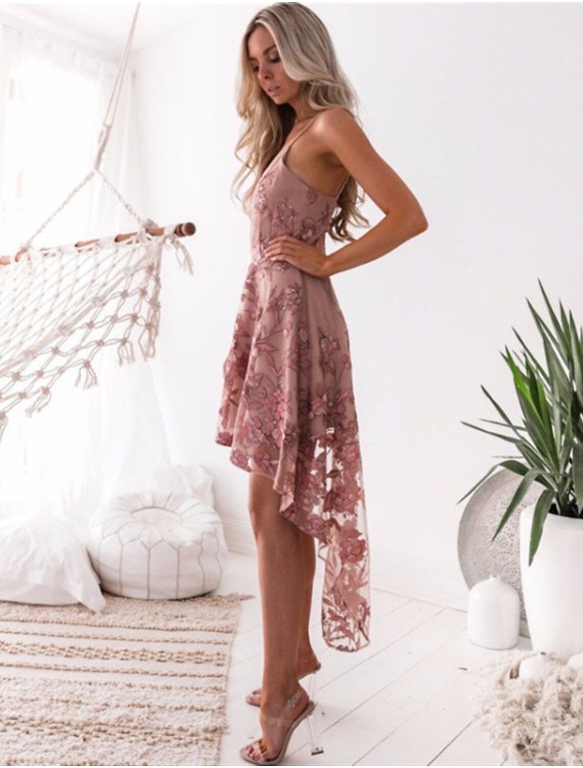 A-Line Cocktail Dresses Floral Dress Wedding Guest Homecoming Asymmetrical Sleeveless Spaghetti Strap Tulle with Appliques