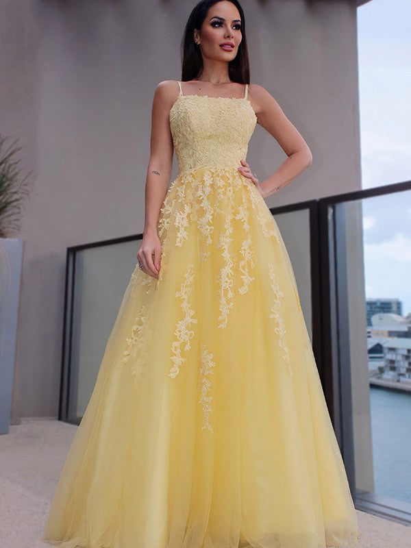 A-Line/Princess Spaghetti Straps Applique Sleeveless Tulle Floor-Length Dresses