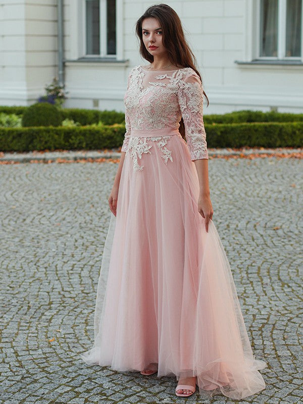 A-Line/Princess Tulle Applique Bateau 3/4 Sleeves Sweep/Brush Train Dresses