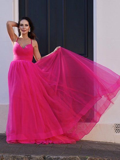 A-Line/Princess Tulle V-neck Ruched Sleeveless Sweep/Brush Train Dresses