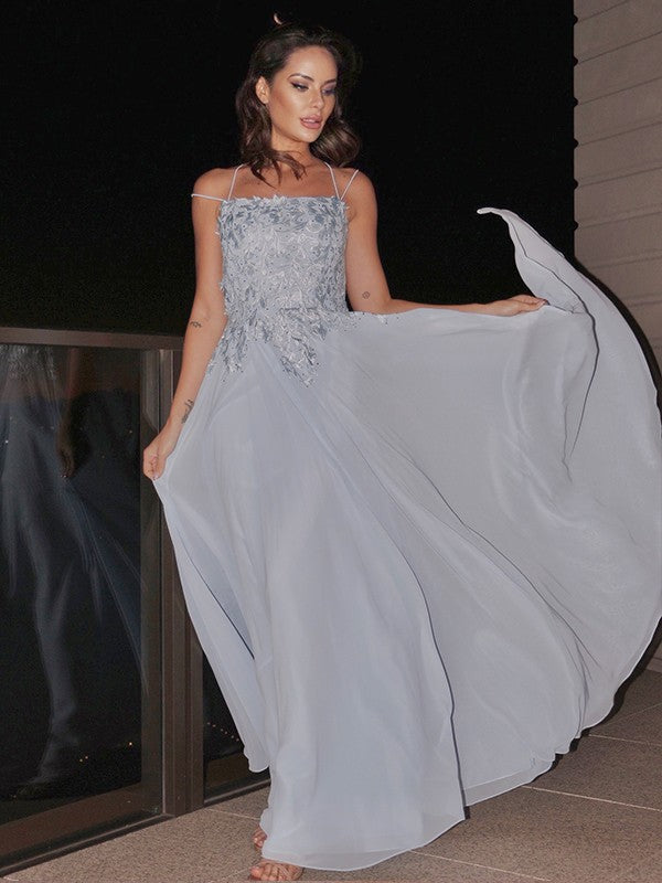 A-Line/Princess Chiffon Applique Square Sleeveless Floor-Length Dresses