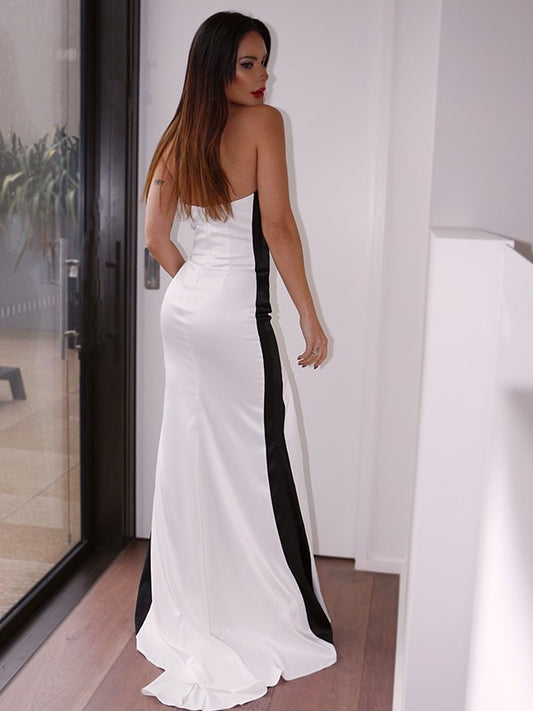 Sheath/Column  Woven Satin Ruched Strapless Sleeveless Sweep/Brush Train Dresses