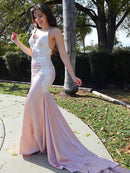 Trumpet/Mermaid Silk like Satin Applique V-neck Sleeveless Sweep/Brush Train Dresses