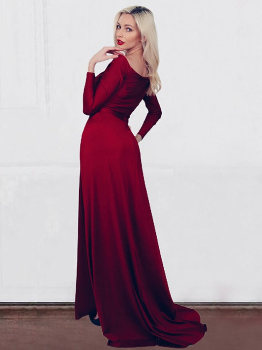 A-Line/Princess Jersey Ruched V-neck Long Sleeves Sweep/Brush Train Dresses