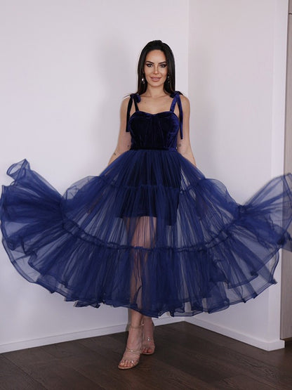 A-Line/Princess Tulle Ruffles Spaghetti Straps Sleeveless Tea-Length Homecoming Dresses