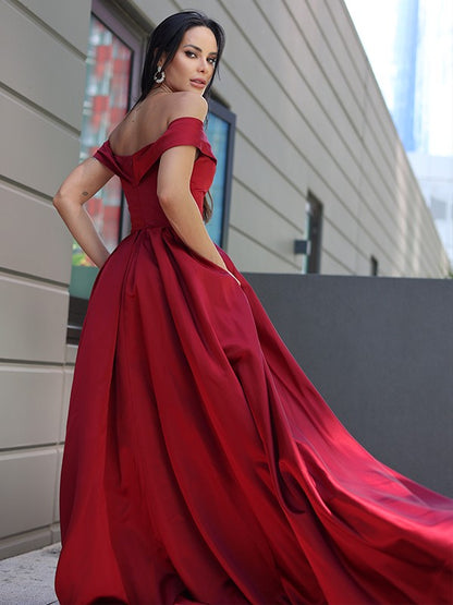 A-Line/Princess Satin Ruffles Off-the-Shoulder Sleeveless Sweep/Brush Train Dresses