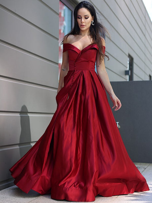 A-Line/Princess Satin Ruffles Off-the-Shoulder Sleeveless Sweep/Brush Train Dresses