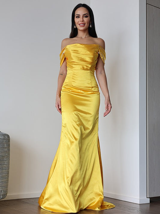 Sheath/Column Satin Ruched Off-the-Shoulder Sleeveless Sweep/Brush Train Dresses