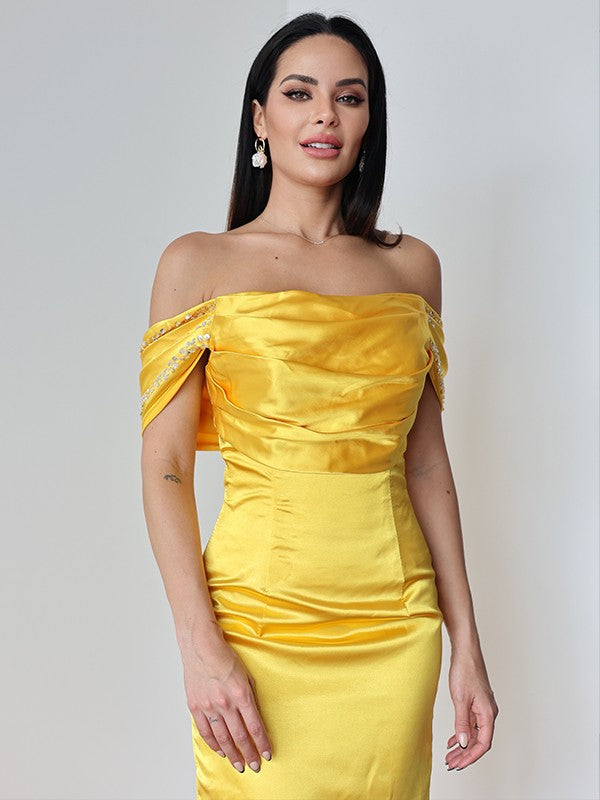 Sheath/Column Satin Ruched Off-the-Shoulder Sleeveless Sweep/Brush Train Dresses