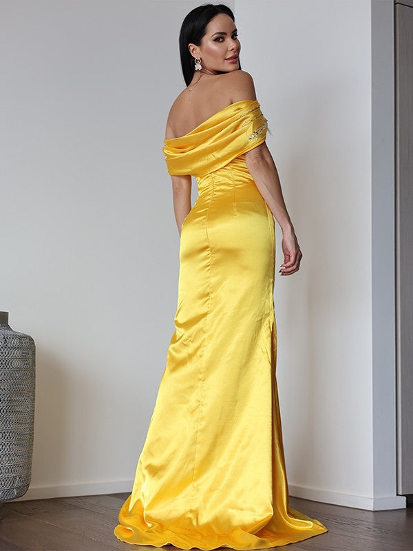 Sheath/Column Satin Ruched Off-the-Shoulder Sleeveless Sweep/Brush Train Dresses