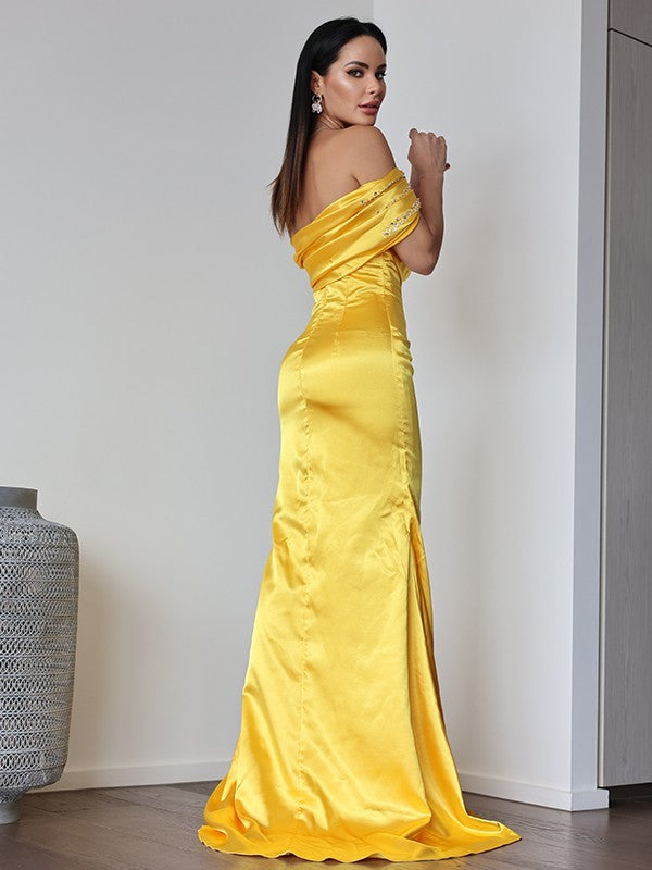 Sheath/Column Satin Ruched Off-the-Shoulder Sleeveless Sweep/Brush Train Dresses