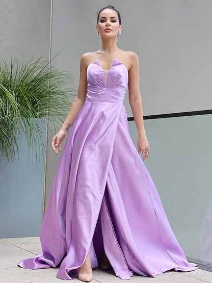 A-Line/Princess Satin Ruffles Sweetheart Sleeveless Sweep/Brush Train Dresses