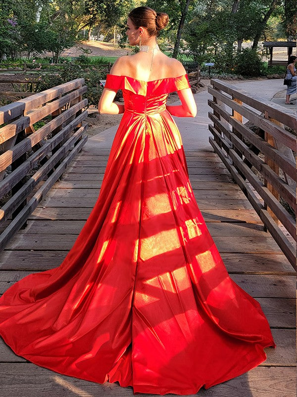 A-Line/Princess Silk like Satin Ruched Off-the-Shoulder Sleeveless Sweep/Brush Train Dresses