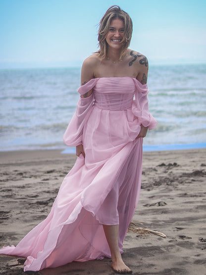 A-Line/Princess 30D Chiffon Ruched Off-the-Shoulder Long Sleeves Sweep/Brush Train Dresses