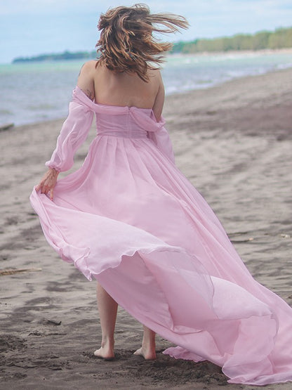 A-Line/Princess 30D Chiffon Ruched Off-the-Shoulder Long Sleeves Sweep/Brush Train Dresses