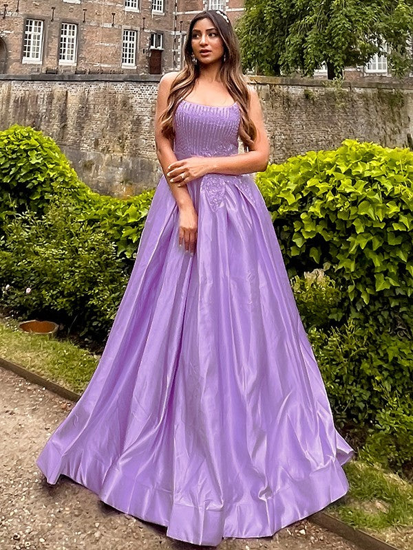 Ball Gown Satin Applique Spaghetti Straps Sleeveless Floor-Length Dresses