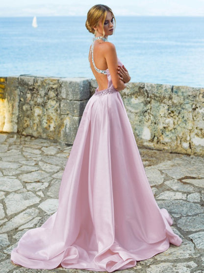 A-Line/Princess Satin Beading Halter Sleeveless Sweep/Brush Train Dresses