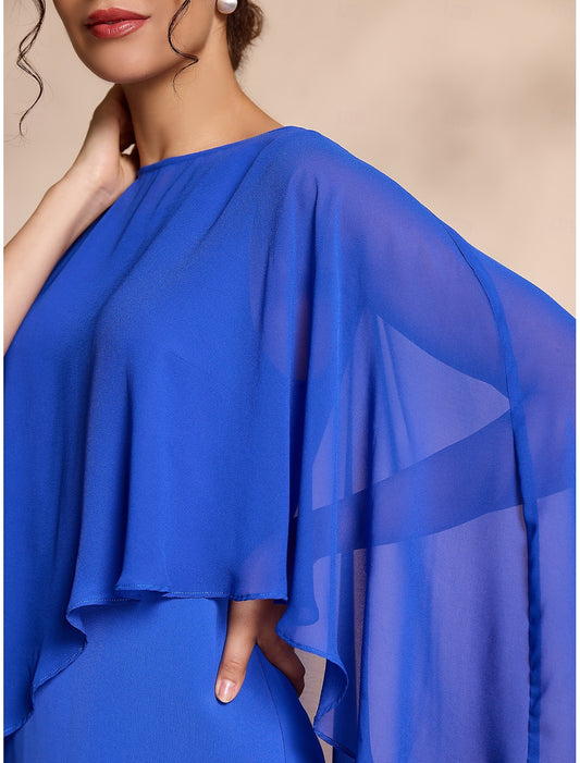 Buyishang Blue Chiffon Causal Round Sleeve 2 Piece Midi Mother of the Bride Dress dress to impress