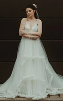 Buyishang Modern A Line Tulle Spaghetti Neckline Sleeveless Wedding Dress with Tiers