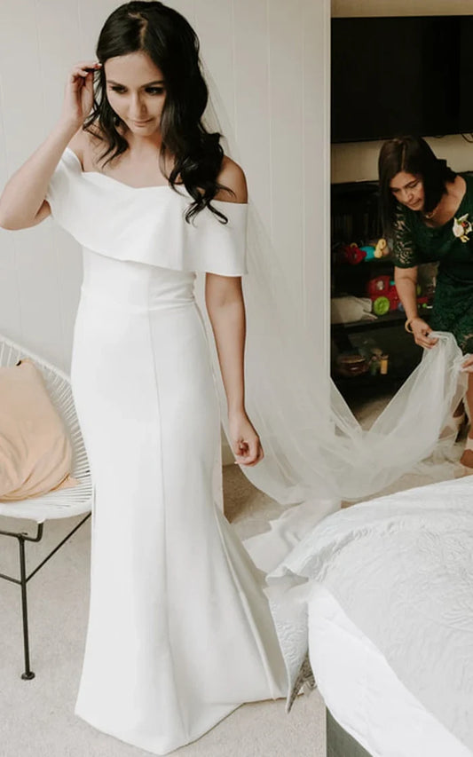 Buyishang Modern Mermaid Floor-length Short Off-the-shoulder Sleeve Satin Wedding Dress