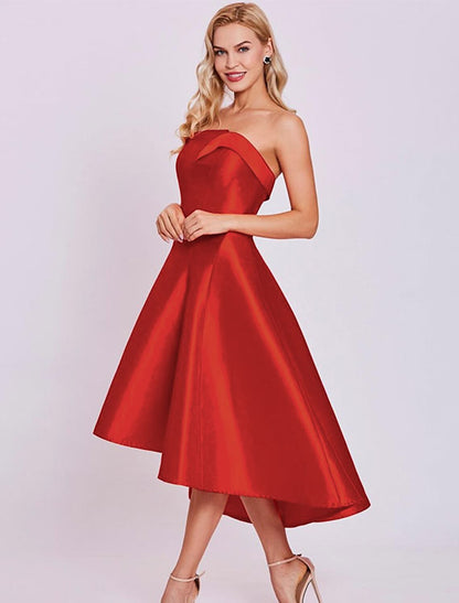 A-Line Cocktail Dresses Minimalist Dress Homecoming Wedding Guest Tea Length Sleeveless Strapless Satin with Sleek