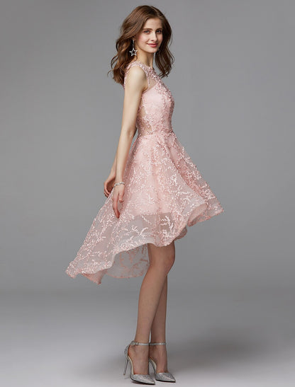 A-Line Hot Dress Wedding Guest Cocktail Party Asymmetrical Sleeveless Illusion Neck Tulle with Appliques