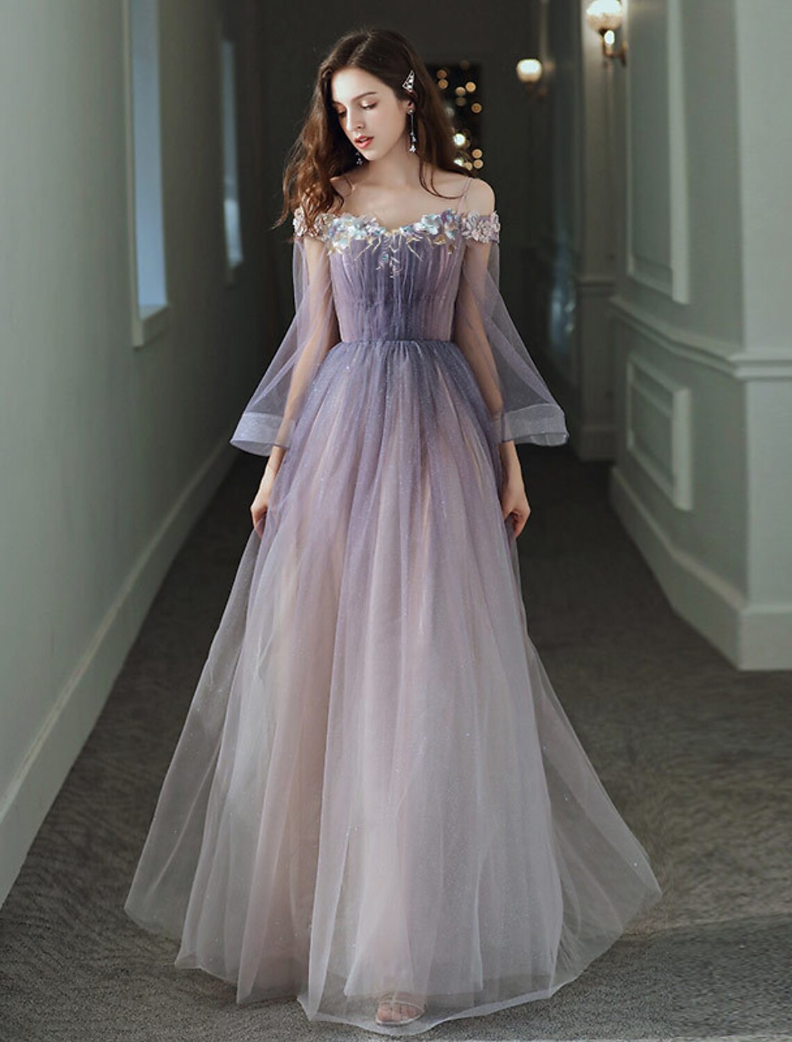 A-Line Minimalist Elegant Party Wear Prom Dress Off Shoulder Long Sleeve Floor Length Tulle with Appliques