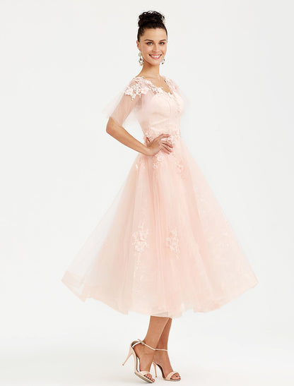 A-Line Prom Dresses Elegant Dress Wedding Guest Cocktail Party Tea Length Short Sleeve V Neck Tulle with Appliques